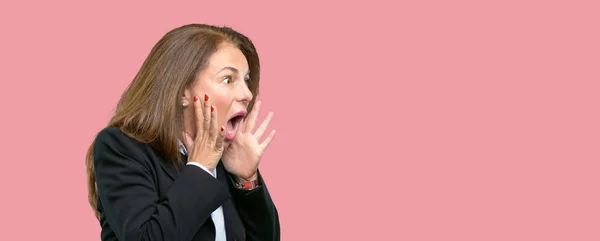Middle Age Business Woman Stressful Keeping Hands Head Terrified Panic — Stock Photo, Image