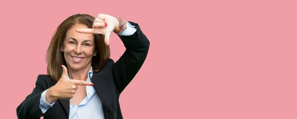 Middle Age Business Woman Confident Happy Showing Hands Camera Composing — Stock Photo, Image