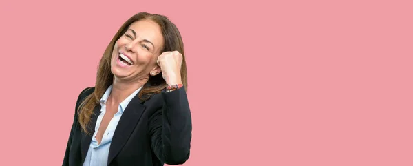 Middle Age Business Woman Happy Excited Expressing Winning Gesture Successful — Stock Photo, Image