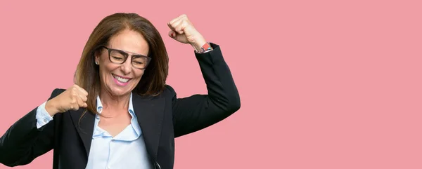 Middle Age Business Woman Happy Excited Expressing Winning Gesture Successful — Stock Photo, Image