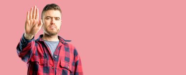 Hayır, güvenlik, savunma veya kısıtlama, belki iterek ifade yakışıklı delikanlı dur işareti el ile yapmak kötü tutum ile rahatsız