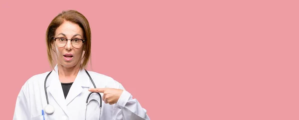 Doctor Woman Medical Professional Happy Surprised Cheering Expressing Wow Gesture — Stock Photo, Image