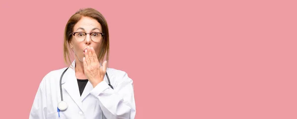 Doctor Woman Medical Professional Covers Mouth Shock Looks Shy Expressing — Stock Photo, Image