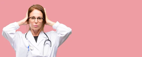 Doctor Woman Medical Professional Covering Ears Ignoring Annoying Loud Noise — Stock Photo, Image