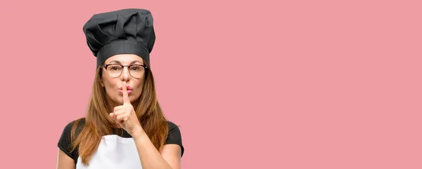 Middle Age Cook Woman Wearing Chef Apron Index Finger Lips — Stock Photo, Image