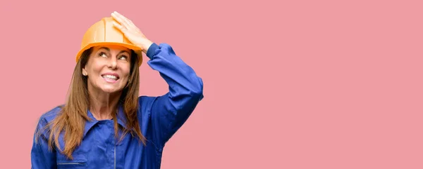 Engineer Construction Worker Woman Terrified Nervous Expressing Anxiety Panic Gesture — Stock Photo, Image