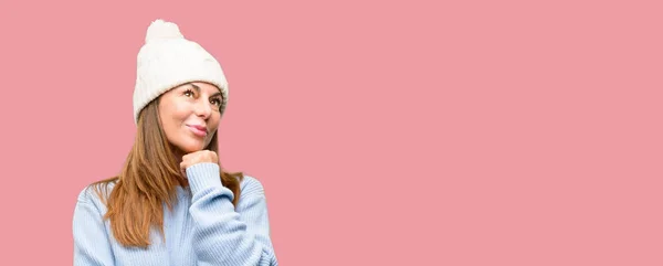 Middle Age Woman Wearing Wool Winter Cap Thinking Looking Expressing — Stock Photo, Image