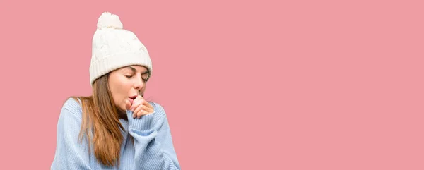 Middle Age Woman Wearing Wool Winter Cap Sick Coughing Suffering — Stock Photo, Image