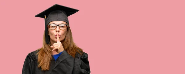 Senior Graduate Student Woman Index Finger Lips Ask Quiet Silence — Stock Photo, Image