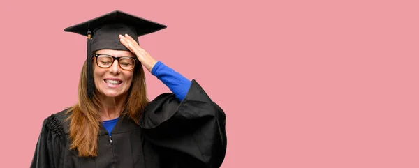 Senior Graduate Student Woman Terrified Nervous Expressing Anxiety Panic Gesture — Stock Photo, Image