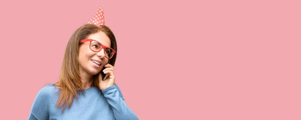 Middle Age Woman Celebrates Birthday Happy Talking Using Smartphone Mobile — Stock Photo, Image