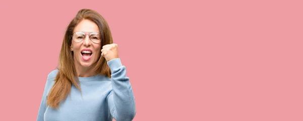 Middle Age Woman Wearing Wool Sweater Cool Glasses Irritated Angry — Stock Photo, Image