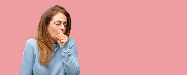 Middle Age Woman Wearing Wool Sweater Cool Glasses Sick Coughing — Stock Photo, Image