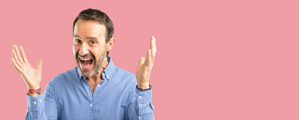 Handsome Middle Age Man Happy Surprised Cheering Expressing Wow Gesture — Stock Photo, Image