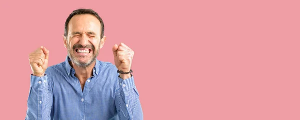 Handsome Middle Age Man Happy Surprised Cheering Expressing Wow Gesture — Stock Photo, Image