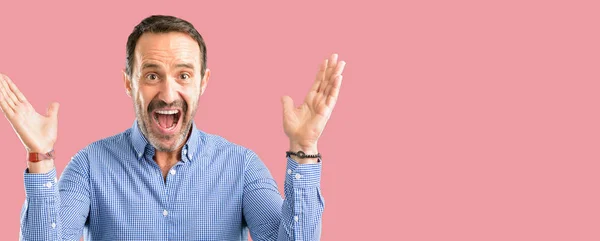 Handsome Middle Age Man Happy Surprised Cheering Expressing Wow Gesture — Stock Photo, Image