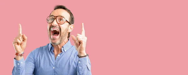 Handsome Middle Age Man Happy Surprised Cheering Expressing Wow Gesture — Stock Photo, Image