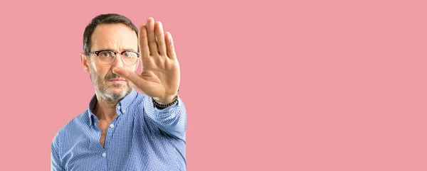 Handsome Middle Age Man Annoyed Bad Attitude Making Stop Sign — Stock Photo, Image