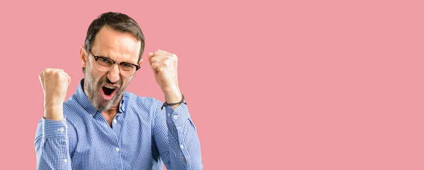 Handsome Middle Age Man Happy Excited Expressing Winning Gesture Successful — Stock Photo, Image