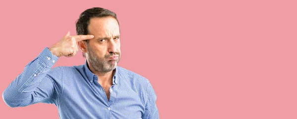 Handsome Middle Age Man Unhappy Making Suicide Gesture Tired Everything — Stock Photo, Image