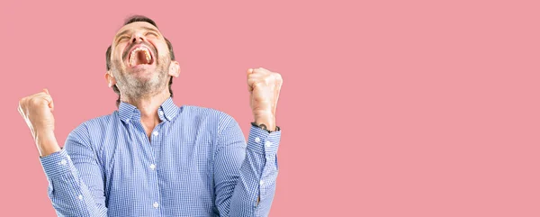 Handsome Middle Age Man Happy Excited Expressing Winning Gesture Successful — Stock Photo, Image