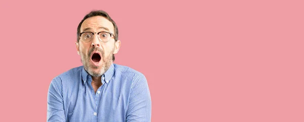 Handsome Middle Age Man Happy Surprised Cheering Expressing Wow Gesture — Stock Photo, Image