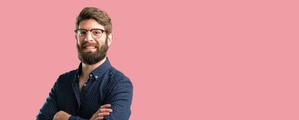 Young Hipster Man Big Beard Crossed Arms Confident Happy Big — Stock Photo, Image