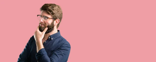 Young Hipster Man Big Beard Thinking Thoughtful Smart Face — Stock Photo, Image