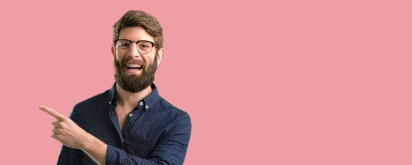 Young Hipster Man Big Beard Pointing Away Side Finger — Stock Photo, Image