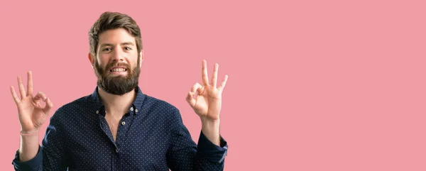 Young Hipster Man Big Beard Doing Sign Gesture Both Hands — Stock Photo, Image