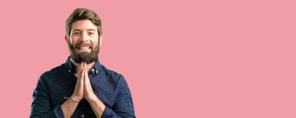 Young Hipster Man Big Beard Hands Together Praying Gesture Expressing — Stock Photo, Image