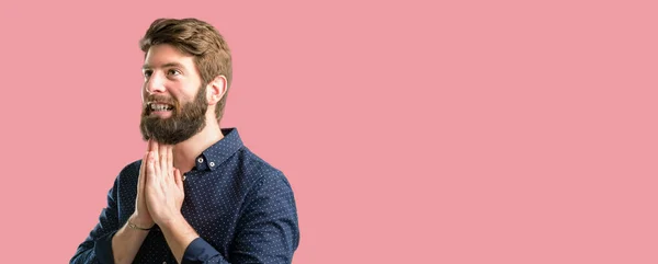 Young Hipster Man Big Beard Hands Together Praying Gesture Expressing — Stock Photo, Image