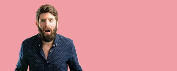 Young Hipster Man Big Beard Happy Surprised Cheering Expressing Wow — Stock Photo, Image