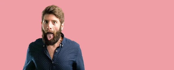 Young Hipster Man Big Beard Feeling Disgusted Tongue Out — Stock Photo, Image