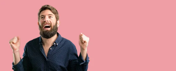 Young Hipster Man Big Beard Happy Excited Expressing Winning Gesture — Stock Photo, Image