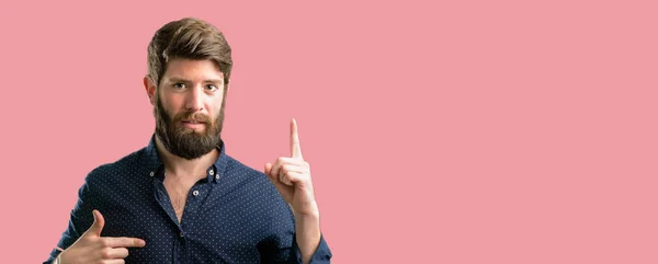 Young Hipster Man Big Beard Happy Surprised Cheering Expressing Wow — Stock Photo, Image