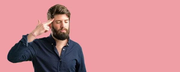 Young Hipster Man Big Beard Unhappy Making Suicide Gesture Tired — Stock Photo, Image