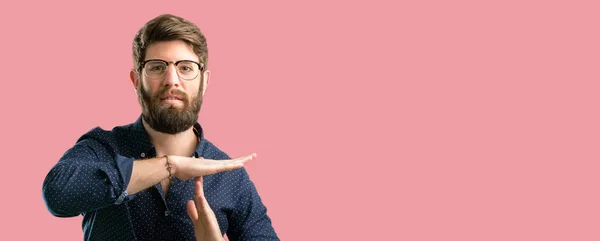 Young Hipster Man Big Beard Serious Making Time Out Gesture — Stock Photo, Image