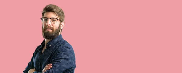 Young Hipster Man Big Beard Crossed Arms Confident Happy Big — Stock Photo, Image