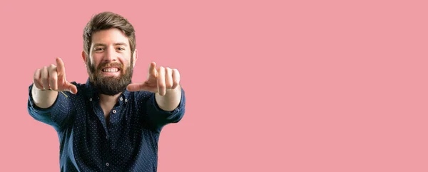 Young Hipster Man Big Beard Pointing Front Finger — Stock Photo, Image