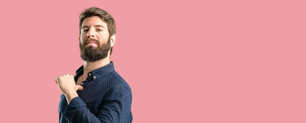 Young Hipster Man Big Beard Proud Excited Arrogant Pointing Victory — Stock Photo, Image