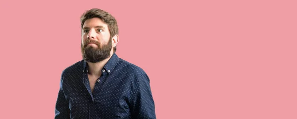 Young Hipster Man Big Beard Doubt Expression Confuse Wonder Concept — Stock Photo, Image