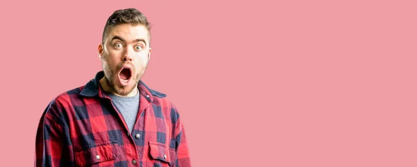 Young Handsome Man Scared Surprised Cheering Expressing Wow Gesture Unbelieving — Stock Photo, Image
