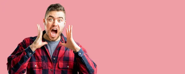 Young Handsome Man Stressful Keeping Hands Head Terrified Panic Shouting — Stock Photo, Image