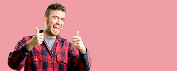 Young Handsome Man Stand Happy Positive Thumbs Approving Big Smile — Stock Photo, Image