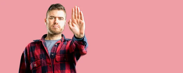 Young Handsome Man Annoyed Bad Attitude Making Stop Sign Hand — Stock Photo, Image