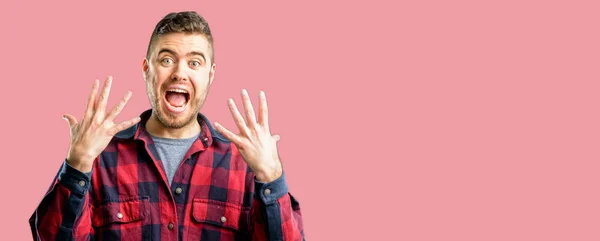 Young Handsome Man Happy Surprised Cheering Expressing Wow Gesture — Stock Photo, Image