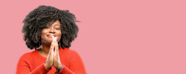 Beautiful African Woman Hands Together Praying Gesture Expressing Hope Please — Stock Photo, Image