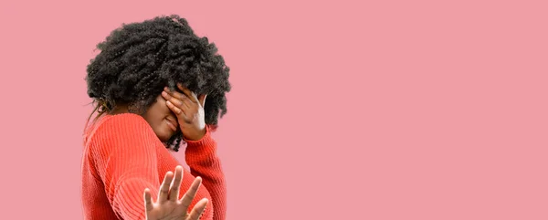 Beautiful African Woman Stressful Shy Keeping Hand Head Tired Frustrated — Stock Photo, Image