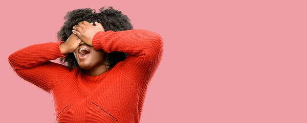 Beautiful African Woman Stressful Keeping Hands Head Tired Frustrated — Stock Photo, Image